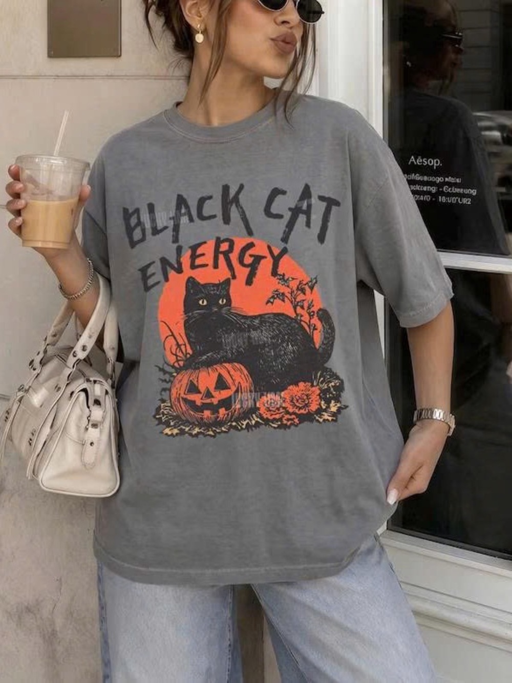 Black Cat Energy Graphic Cat T-Shirt - Gray/Orange